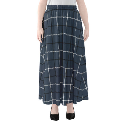 Dark Blue Tattersall Pattern Print Chiffon Maxi Skirt