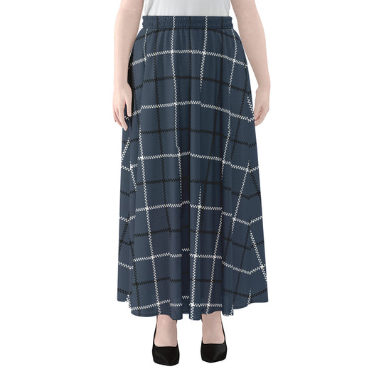 Dark Blue Tattersall Pattern Print Chiffon Maxi Skirt