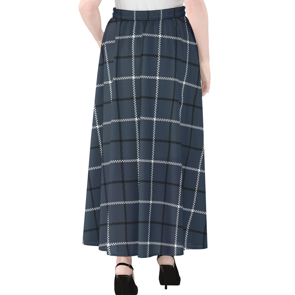 Dark Blue Tattersall Pattern Print Chiffon Maxi Skirt