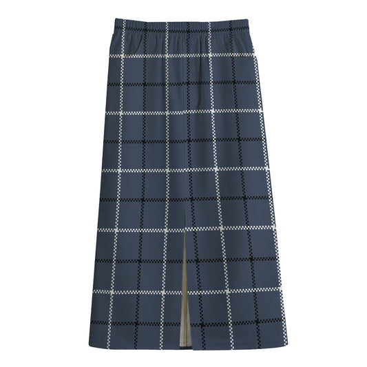 Dark Blue Tattersall Pattern Print Cotton Front Slit Maxi Skirt