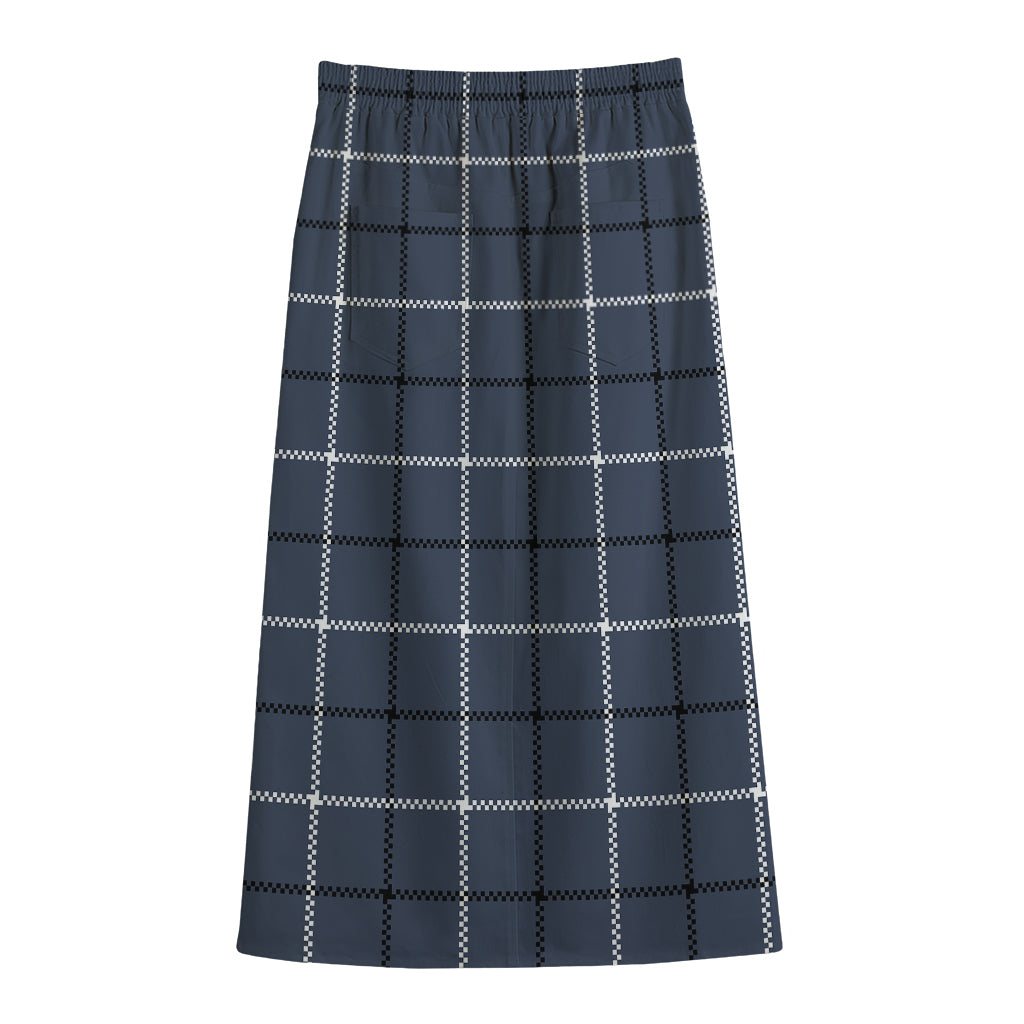 Dark Blue Tattersall Pattern Print Cotton Front Slit Maxi Skirt