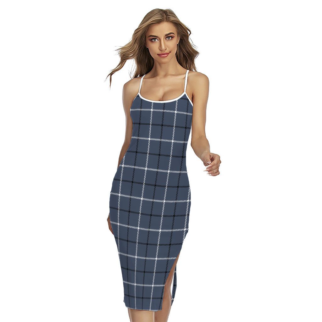 Dark Blue Tattersall Pattern Print Cross Back Cami Dress