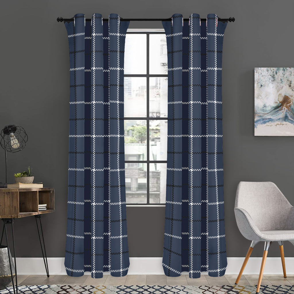Dark Blue Tattersall Pattern Print Curtain