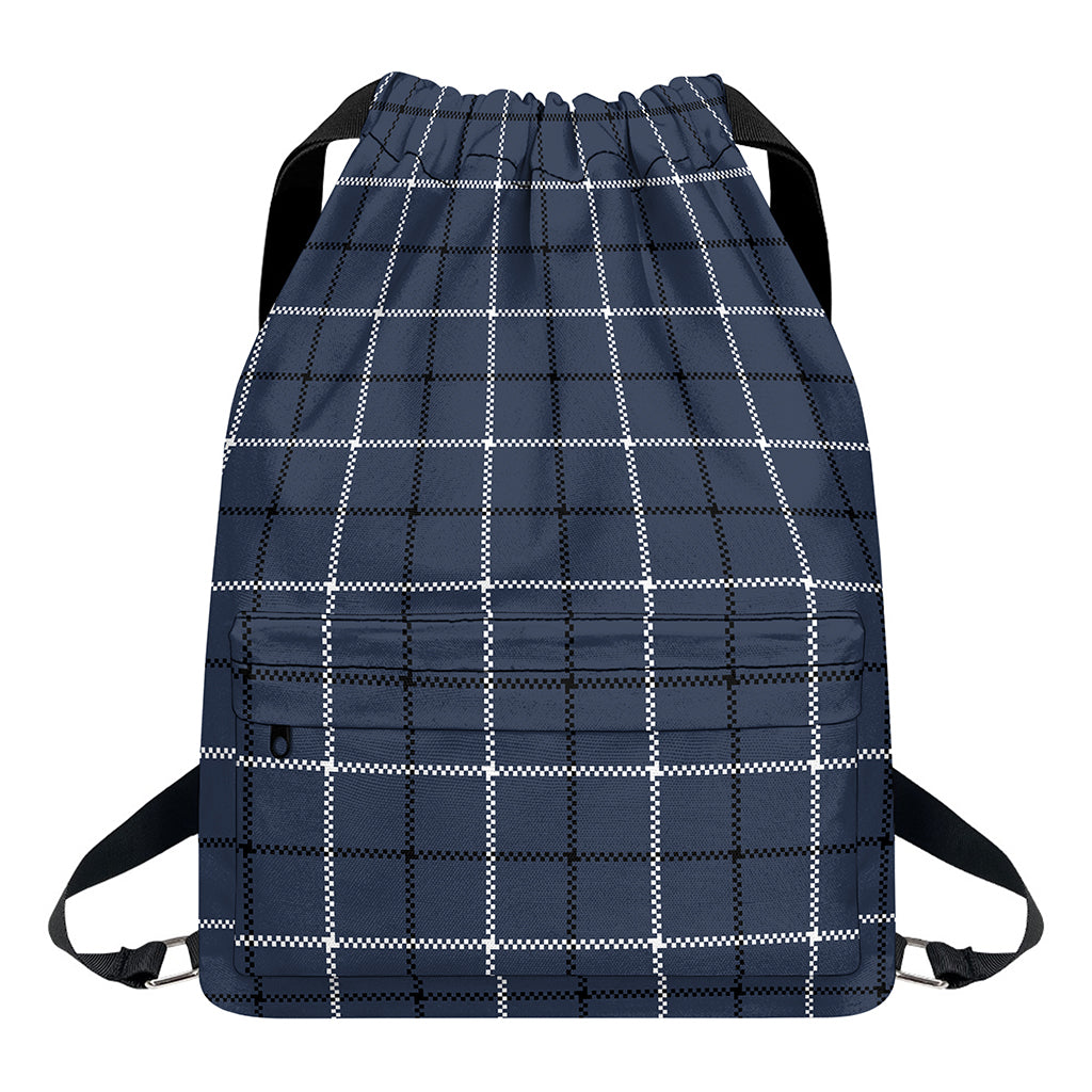Dark Blue Tattersall Pattern Print Drawstring Backpack