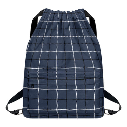 Dark Blue Tattersall Pattern Print Drawstring Backpack