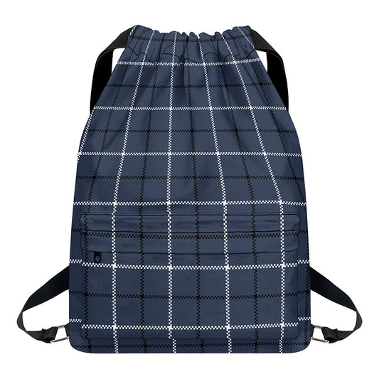 Dark Blue Tattersall Pattern Print Drawstring Backpack