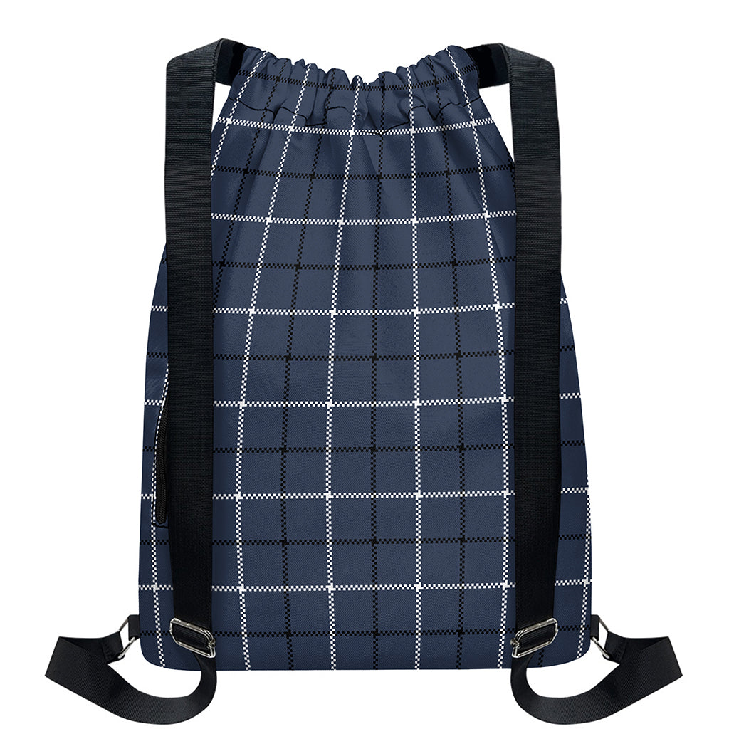 Dark Blue Tattersall Pattern Print Drawstring Backpack
