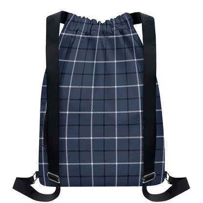 Dark Blue Tattersall Pattern Print Drawstring Backpack