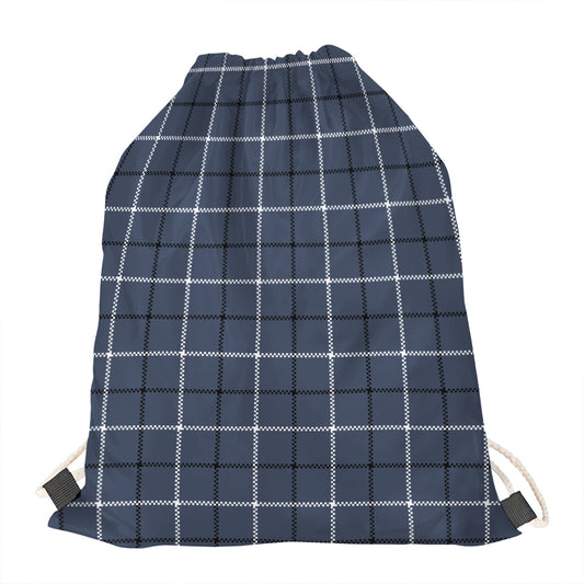 Dark Blue Tattersall Pattern Print Drawstring Bag