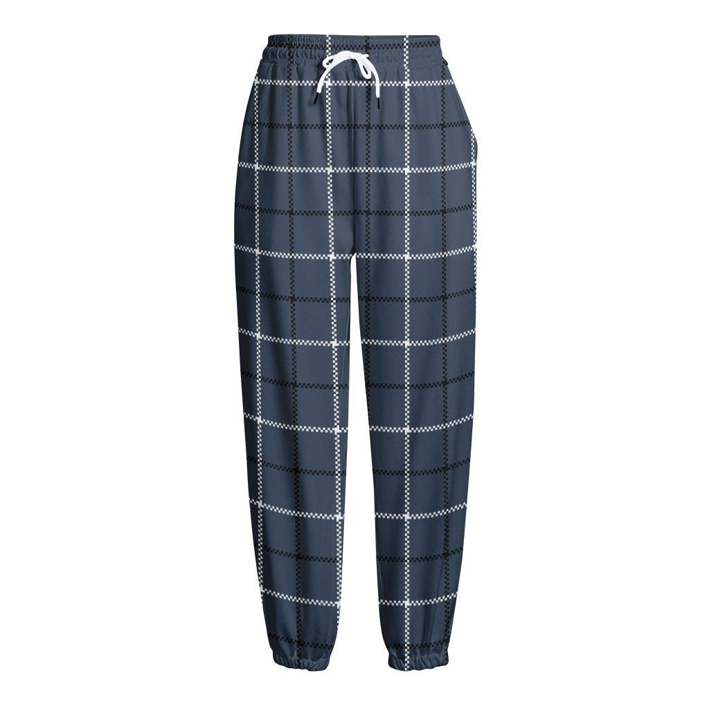 Dark Blue Tattersall Pattern Print Fleece Lined Knit Pants