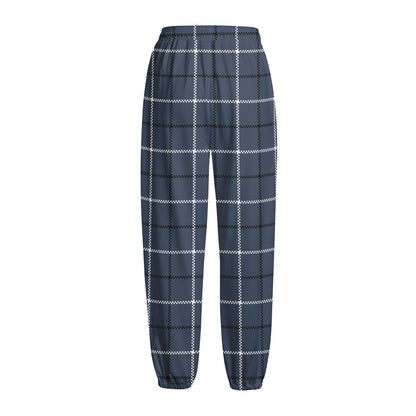 Dark Blue Tattersall Pattern Print Fleece Lined Knit Pants