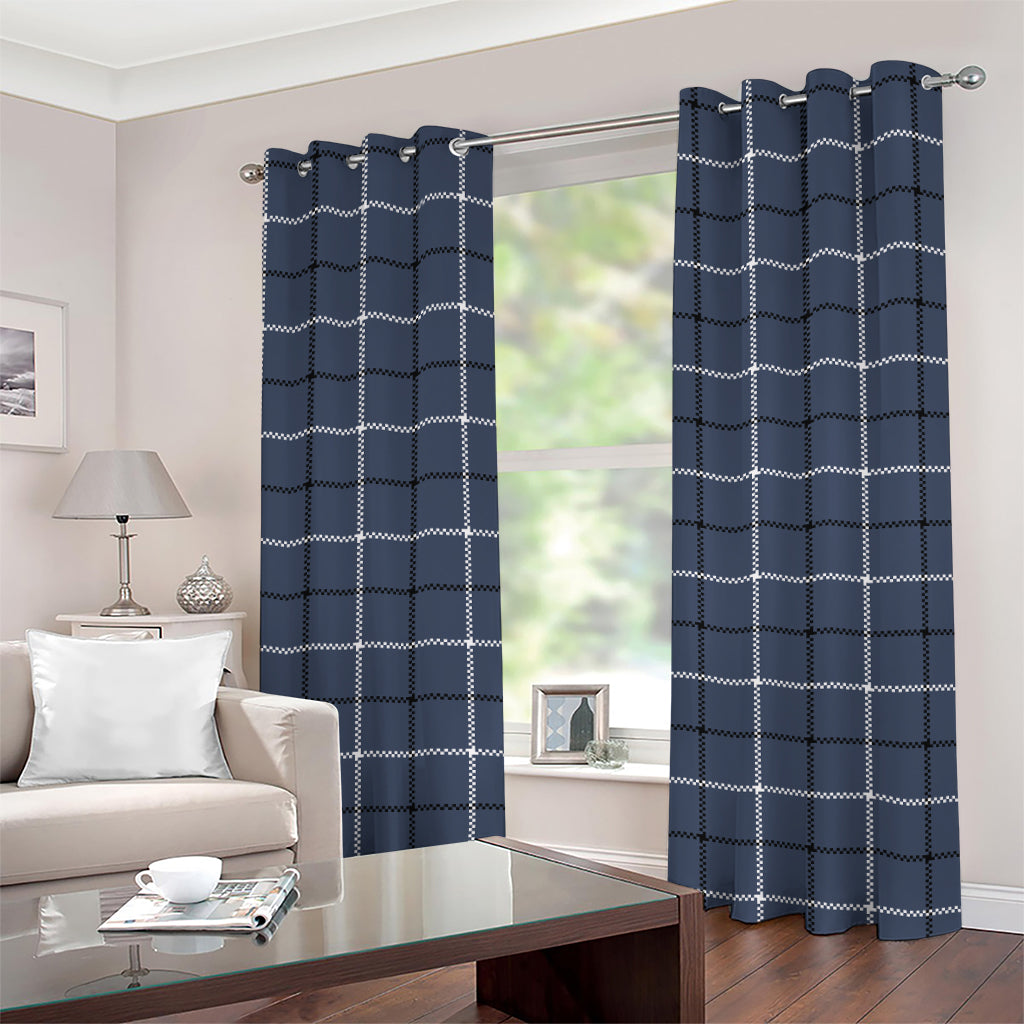 Dark Blue Tattersall Pattern Print Grommet Curtains