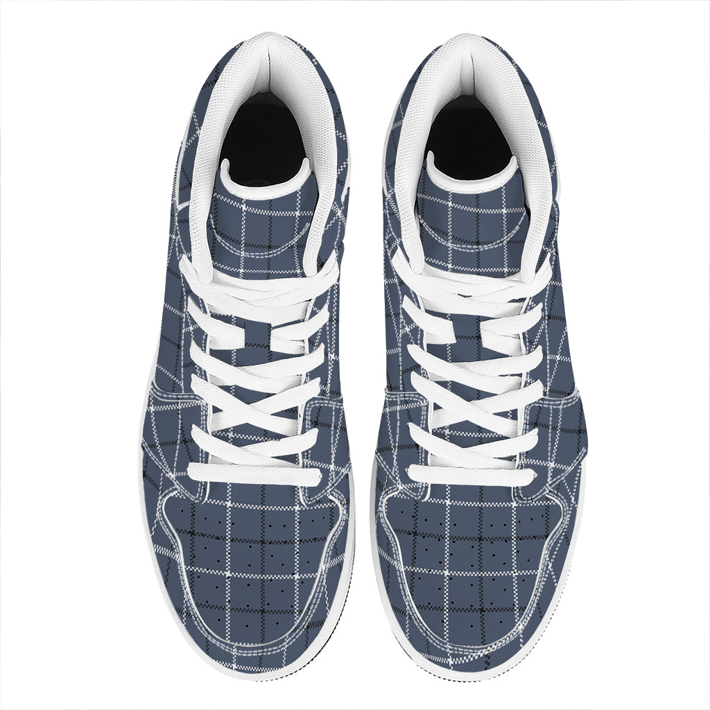 Dark Blue Tattersall Pattern Print High Top Leather Sneakers