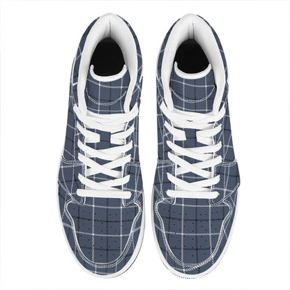 Dark Blue Tattersall Pattern Print High Top Leather Sneakers