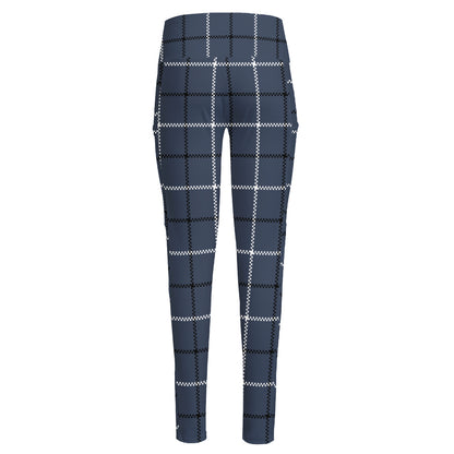 Dark Blue Tattersall Pattern Print High-Waisted Pocket Leggings