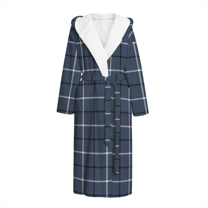 Dark Blue Tattersall Pattern Print Hooded Bathrobe