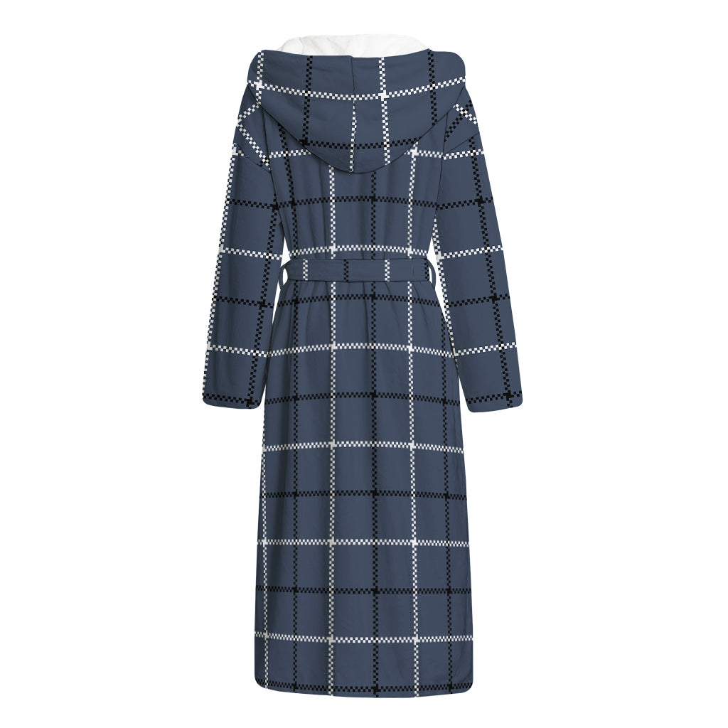 Dark Blue Tattersall Pattern Print Hooded Bathrobe