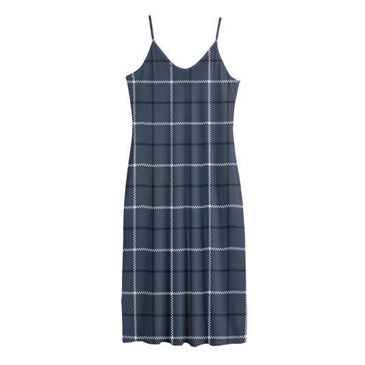 Dark Blue Tattersall Pattern Print Jersey Midi Cami Dress