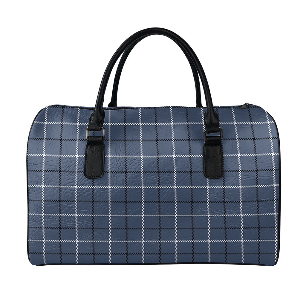 Dark Blue Tattersall Pattern Print Leather Duffle Bag