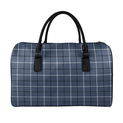 Dark Blue Tattersall Pattern Print Leather Duffle Bag