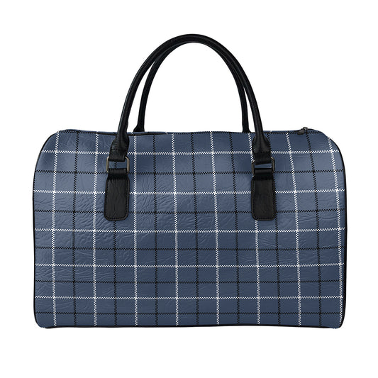Dark Blue Tattersall Pattern Print Leather Duffle Bag