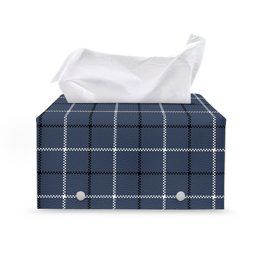 Dark Blue Tattersall Pattern Print Leather Tissue Box Cover