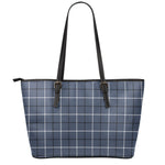 Dark Blue Tattersall Pattern Print Leather Tote Bag
