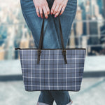 Dark Blue Tattersall Pattern Print Leather Tote Bag