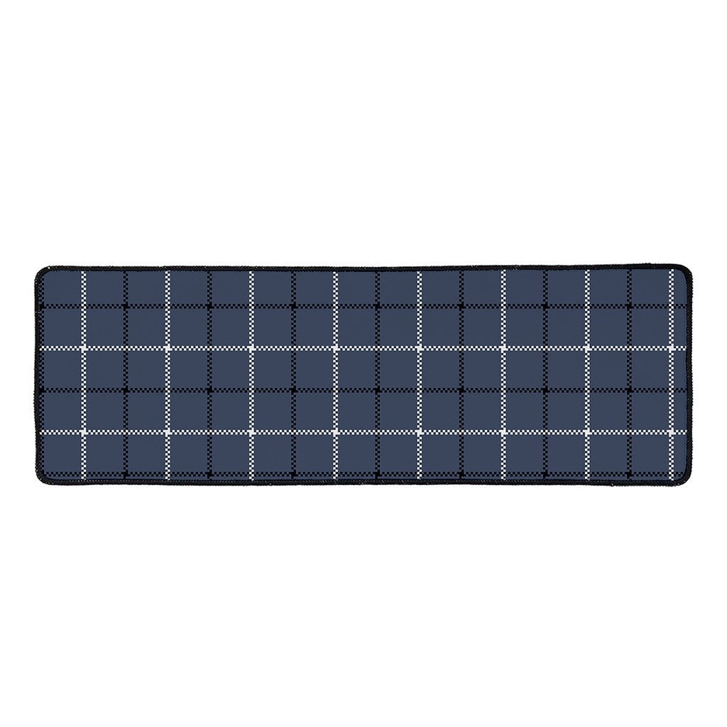 Dark Blue Tattersall Pattern Print Long Kitchen Mat