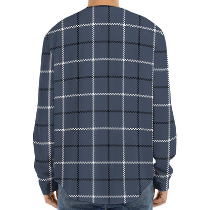 Dark Blue Tattersall Pattern Print Long Sleeve Baseball Jersey