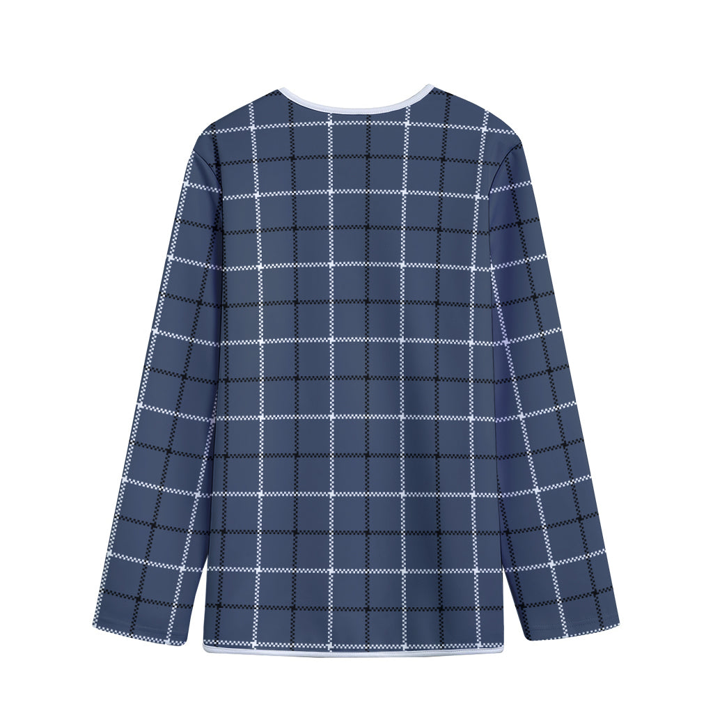 Dark Blue Tattersall Pattern Print Long Sleeve Short Coat