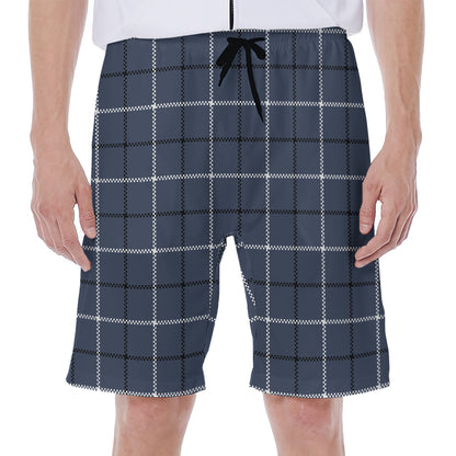 Dark Blue Tattersall Pattern Print Men's Beach Shorts