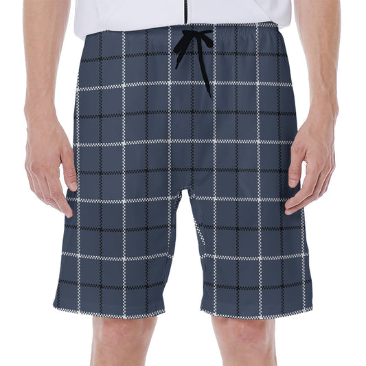 Dark Blue Tattersall Pattern Print Men's Beach Shorts