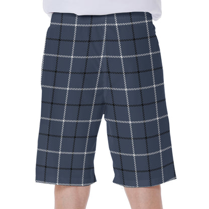 Dark Blue Tattersall Pattern Print Men's Beach Shorts