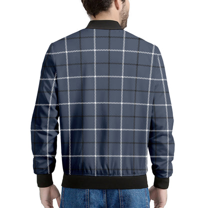 Dark Blue Tattersall Pattern Print Men's Bomber Jacket