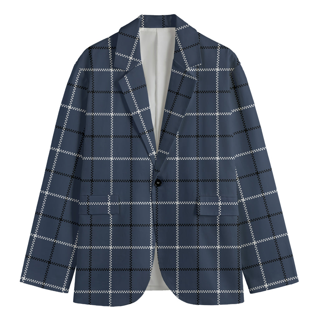 Dark Blue Tattersall Pattern Print Men's Cotton Blazer