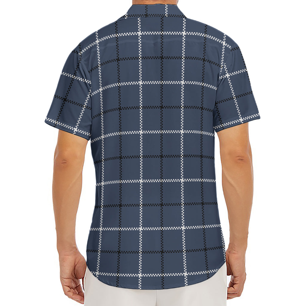 Dark Blue Tattersall Pattern Print Men's Deep V-Neck Shirt
