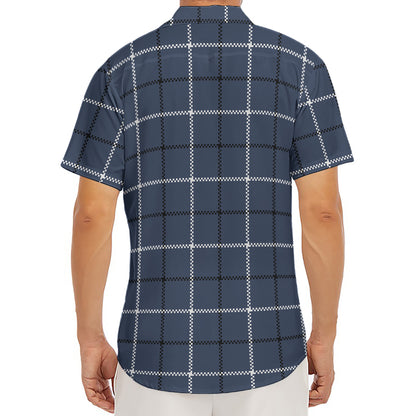 Dark Blue Tattersall Pattern Print Men's Deep V-Neck Shirt