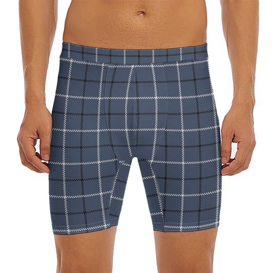 Dark Blue Tattersall Pattern Print Men's Long Boxer Briefs