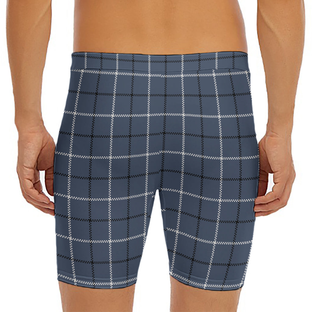 Dark Blue Tattersall Pattern Print Men's Long Boxer Briefs