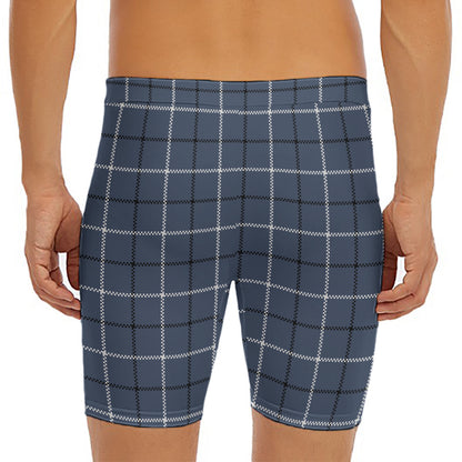 Dark Blue Tattersall Pattern Print Men's Long Boxer Briefs