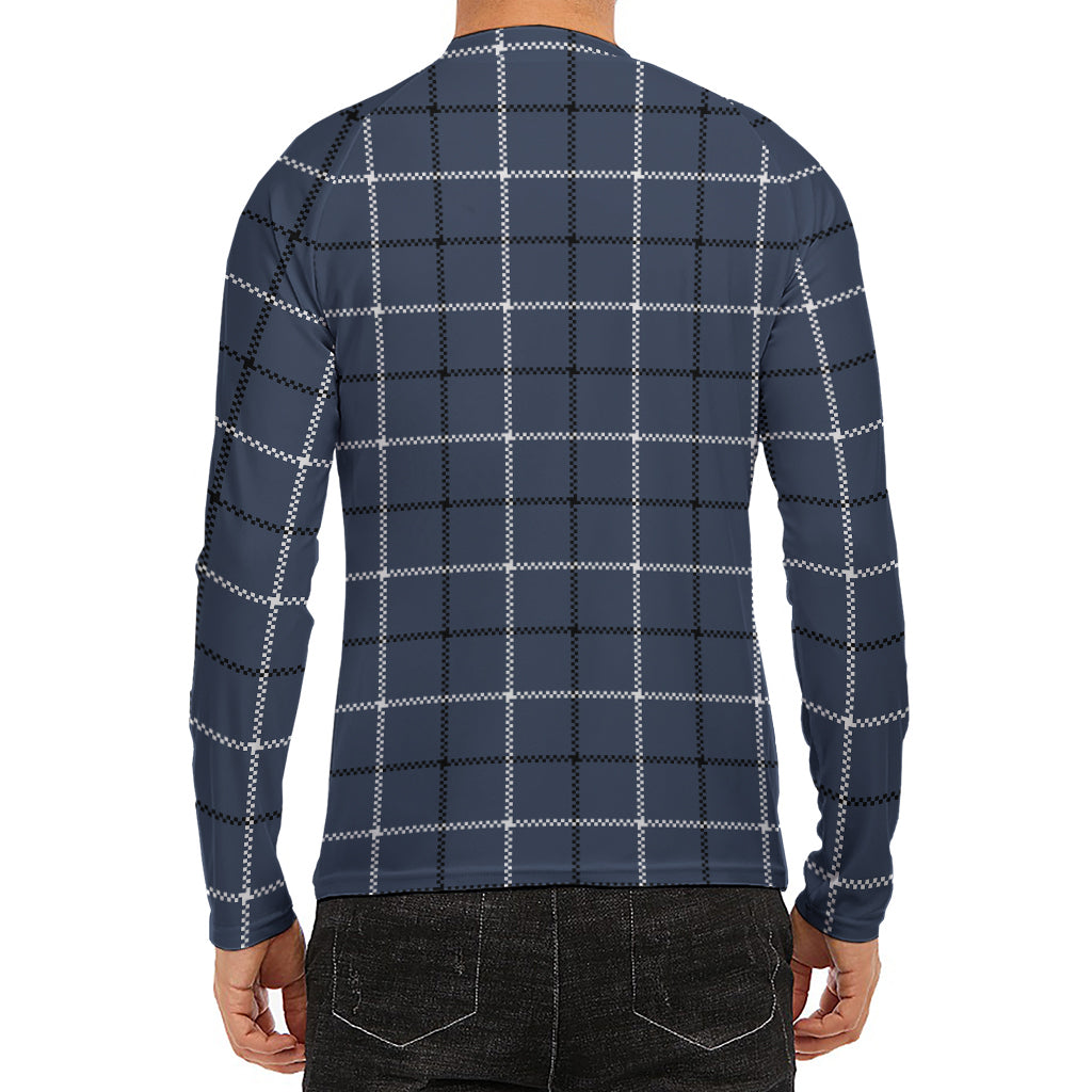 Dark Blue Tattersall Pattern Print Men's Long Sleeve Rash Guard