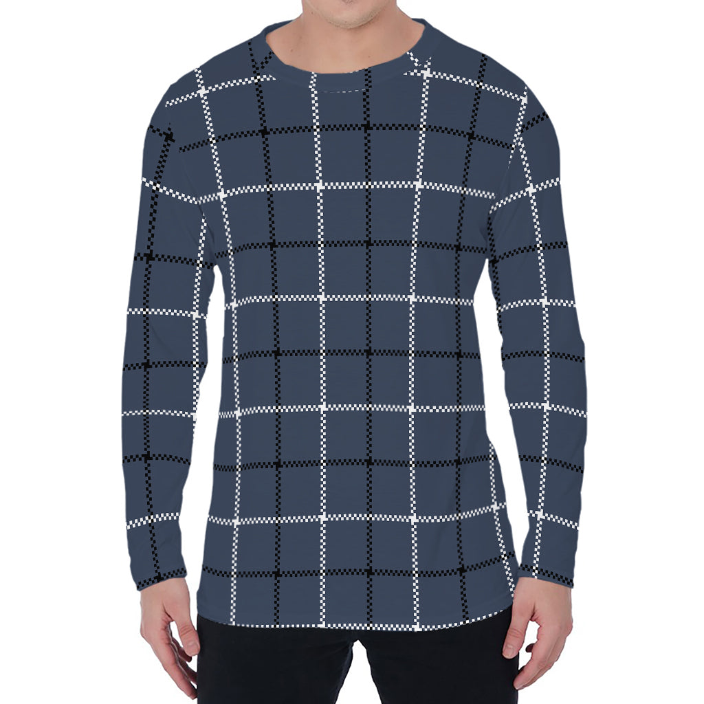 Dark Blue Tattersall Pattern Print Men's Long Sleeve T-Shirt