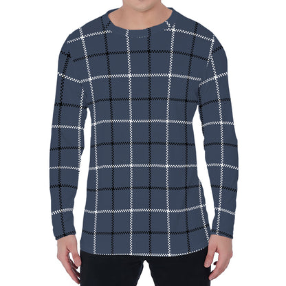 Dark Blue Tattersall Pattern Print Men's Long Sleeve T-Shirt