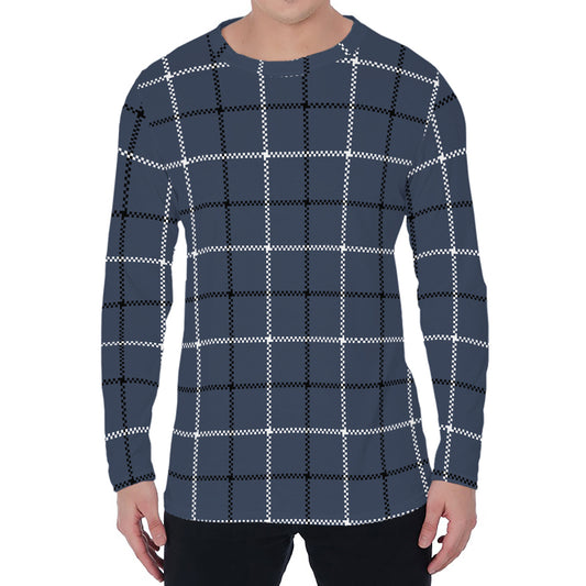 Dark Blue Tattersall Pattern Print Men's Long Sleeve T-Shirt