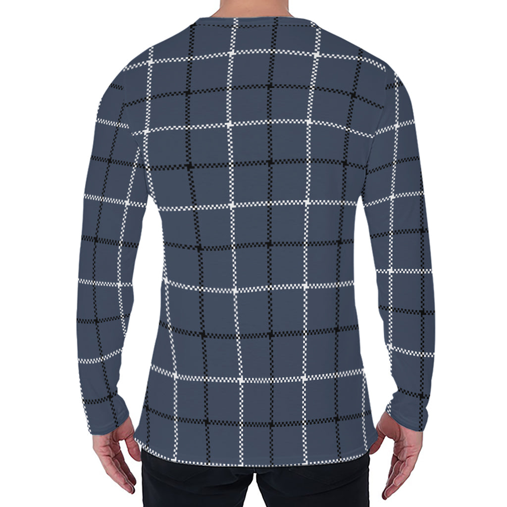 Dark Blue Tattersall Pattern Print Men's Long Sleeve T-Shirt