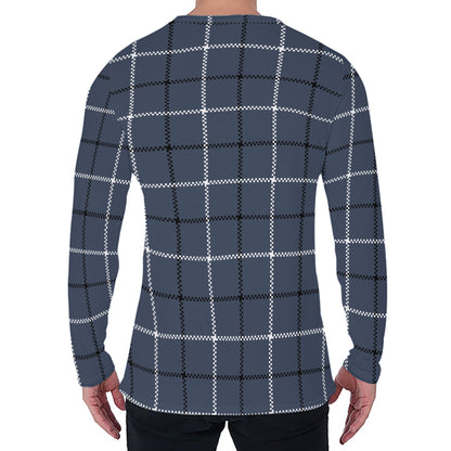 Dark Blue Tattersall Pattern Print Men's Long Sleeve T-Shirt