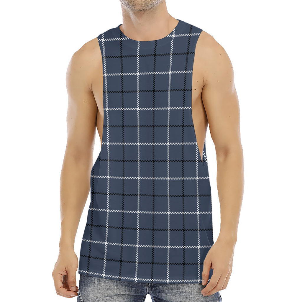 Dark Blue Tattersall Pattern Print Men's Muscle Tank Top