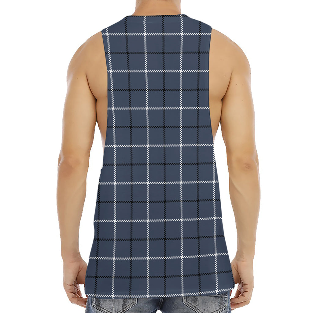 Dark Blue Tattersall Pattern Print Men's Muscle Tank Top
