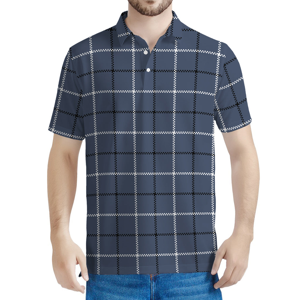 Dark Blue Tattersall Pattern Print Men's Polo Shirt